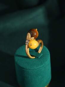 1 buc Inel deschis cu aur de 18K placat cu cupru, design cu cap de leopard cu stras, agat albastru, piatra ochi de tigru, piatra naturala si inel de cristal de sticla - Multicolor - Vizualizare 4