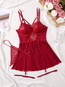 Sexy Plus Lingerie With Underwire Contrast Lace Mesh Garter Babydoll 4pcs Set - 酒紅色 - 查看 5