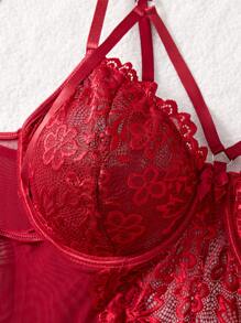 Sexy Plus Lingerie With Underwire Contrast Lace Mesh Garter Babydoll 4pcs Set - 酒紅色 - 查看 6