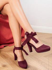Zapatos de tacón alto con diseño de correa para el tobillo y cierre de gancho y bucle para mujer, zapatos Mary Jane con decoración de mariposa hueca y tacón grueso, bombas de plataforma y cuña, tacones para fiesta/boda en color rojo vino para el Día de San Valentín - Burdeos - Ver 1