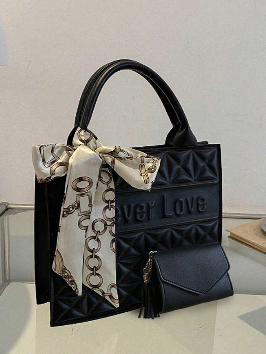 1 件/2 件/套时尚绗缝方形手提包，带字母图案和细围巾装饰，大容量 PU 单肩包钱包套装，专业商务公文包，适合工作/通勤 - 休闲、手提包、办公室 - 彩色 - 查看 1