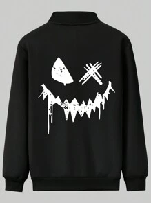 Men's Long Sleeve Casual Rave Zipper Sportswear Jacket , Spring Autumn Horror Face Print, Stand Collar Bomber Jacket With Pockets, Emo, 2000s Style - Black - View 3
