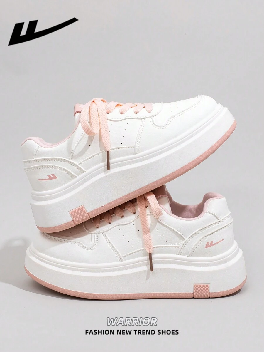1 Pair WARRIOR Women's Casual Lace-Up Skate Shoes, Platform Thick Bottom Low Top Outdoor Flat Skateboard Shoes, Autumn Casual Shoes, Retro Modern Design, Comfortable Classic Chunky Sneakers Suitable For Students - Baby Pink - View 1