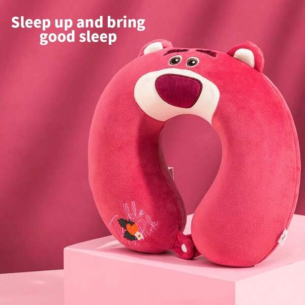 Miniso Travesseiro de viagem Sanrio Lotso Huggin' Bear de espuma viscoelástica, design ergonômico em formato de U com detalhes em azul nas orelhas, material de alta qualidade, perfeito para voos longos, deslocamentos e cochilos no escritório (1 unidade)