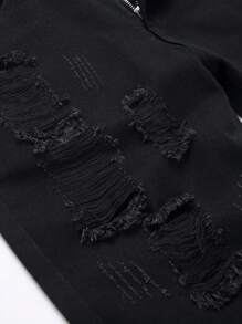 Ripped Men's Slim Fit Straight Leg Denim Mid Shorts Jorts, Emo Style - Black - View 4