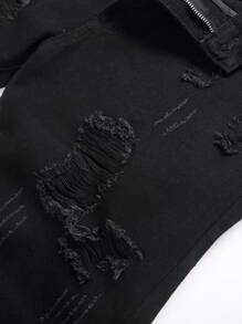 Ripped Men's Slim Fit Straight Leg Denim Mid Shorts Jorts, Emo Style - Black - View 3