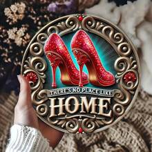 1pc Shiny Red High Heel Metal Iron Wall Art Sign, 7.8 Inches "There's No Place Like Home" Quote, Metal Wall Plaque For Home Decor, Farmhouse Wall Hanging, Women Gift, Room Door Garden Decor, Random Holes On Top, Bottom, Left And Right