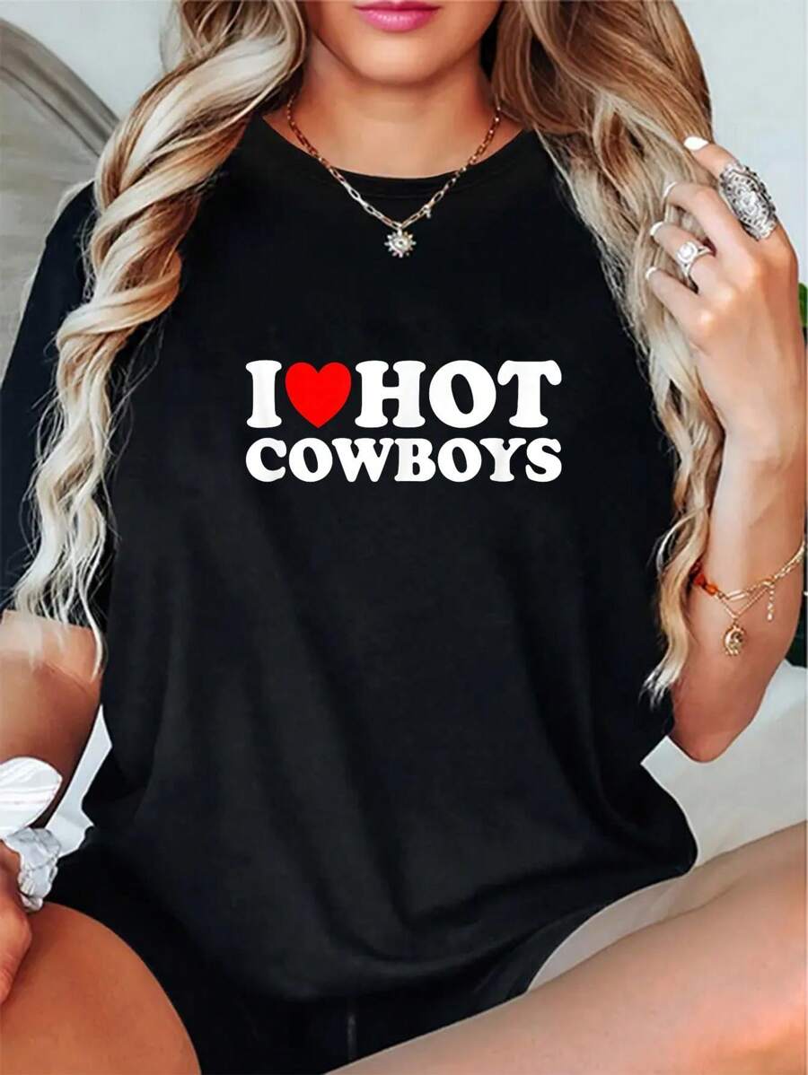 I Love Hot Cowboys" Graphic Tee - Soft, Crew Neck, Short Sleeve - Casual & Comfy Women's T-Shirt - 黑色 - 查看 1