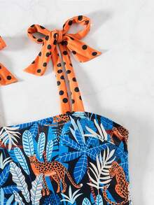 New Sexy Leopard Print Halter One-Piece Swimsuit, Drawstring Tie Front, Skinny, Supportive, Slim Down, Suitable For Summer Beach Pool, Vacation