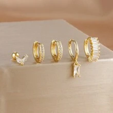 Conjunto de 5 piezas de pendientes con aro en cascada con colgante cuadrado enchapado en oro de 18K, para mujer. Incluye pendientes de cartílago con cubic zirconia rosa, de cobre y acero inoxidable