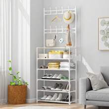 1PC Entrance Foyer Clothes Rack, Lobby Shoe Rack, Multifunctional Metal Storage Clothes Rack, Floor Clothes Rack, 4th/5th Floor Storage Clothes Rack And 8 Double Hooks, Living Room, Bathroom, Corridor Shoe Rack Organizer - White - View 3