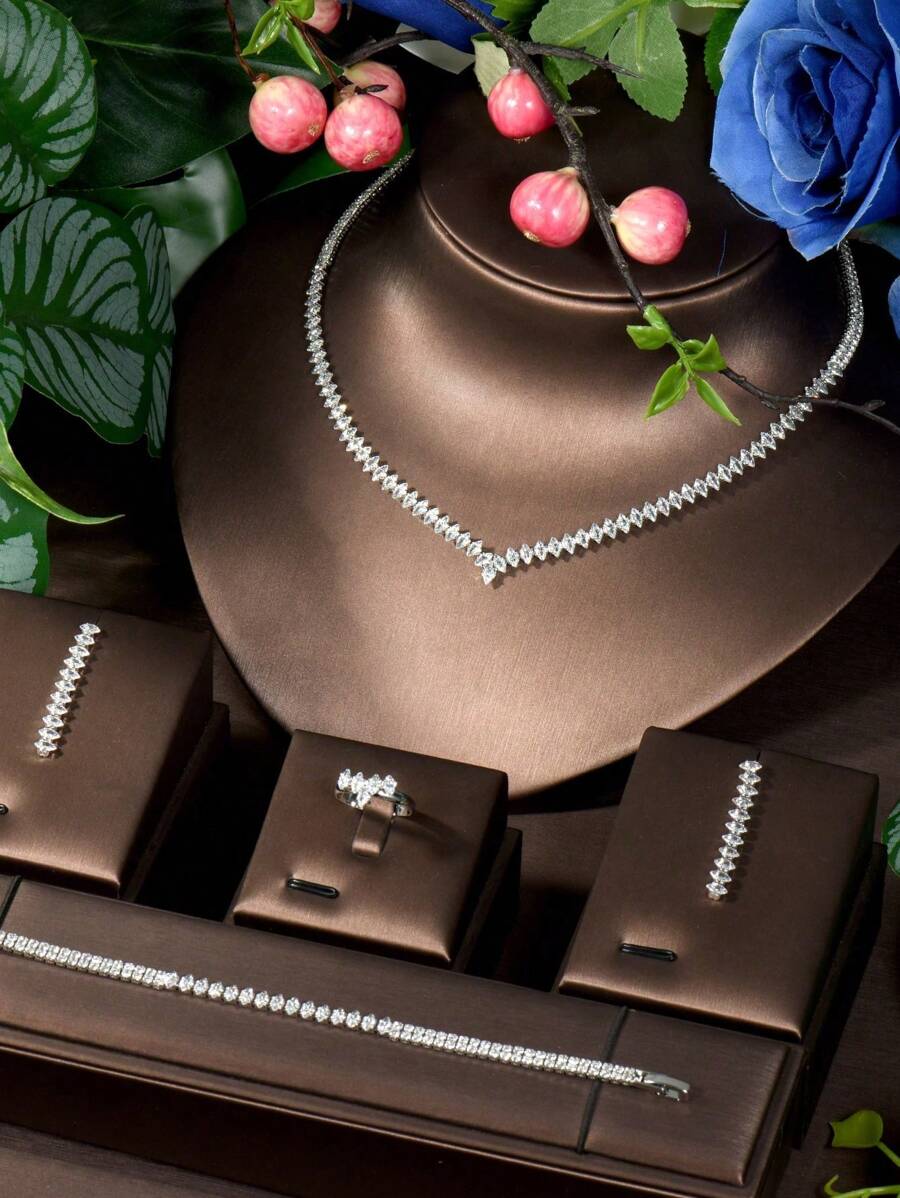 1 Set Simple Cubic Zirconia Diamond Shaped Jewelry Set, Suitable For Women's Daily Wear - Silver - View 1
