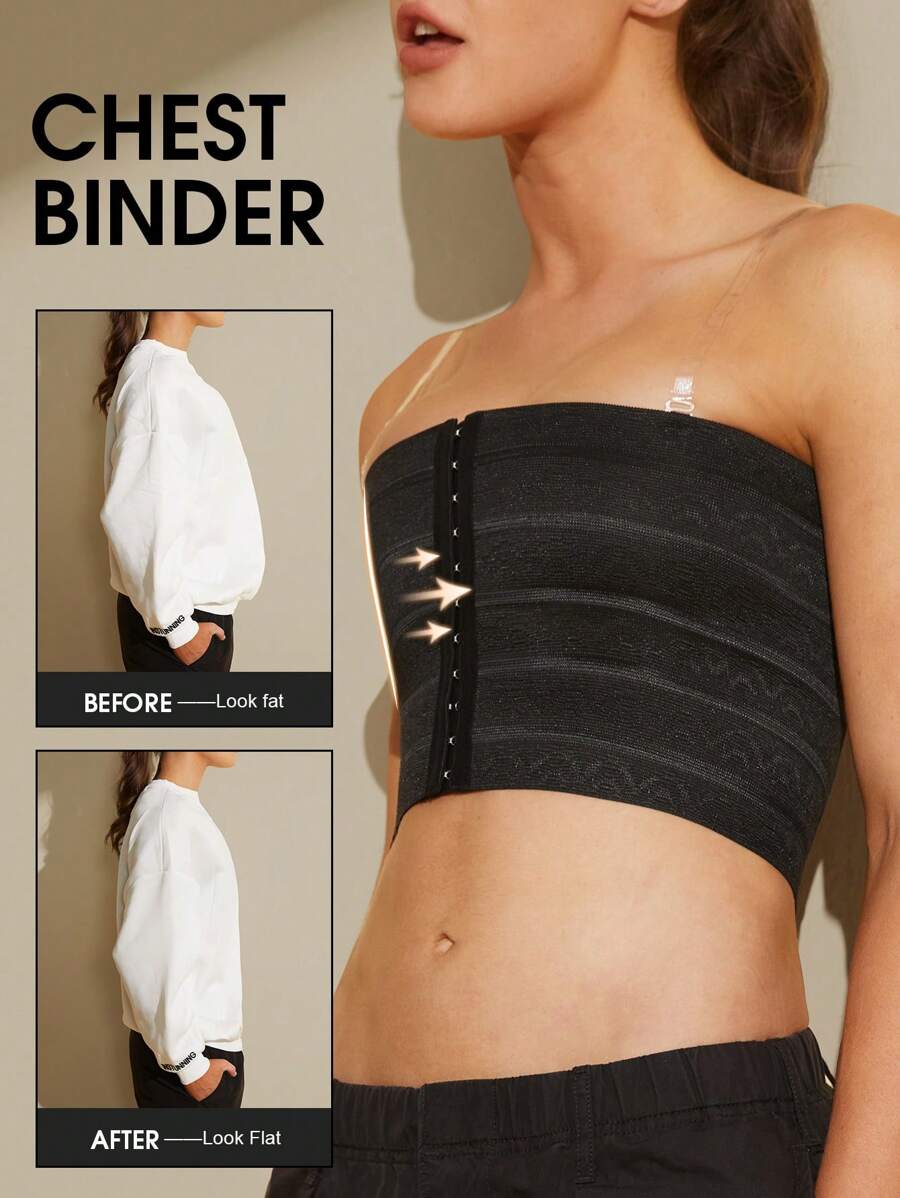 1pc Women's Chest Binder, Black Front Closure Compression Bandage, Trans FTM, Lesbian, LGBT, Shapewear, Bust Reduction, Chest Wrap, Strapless Compression Top - Black - View 1