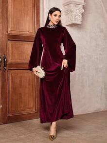 刺绣奢华天鹅绒长袍，女士宽松优雅天鹅绒长袍，灯笼袖，系带派对礼服