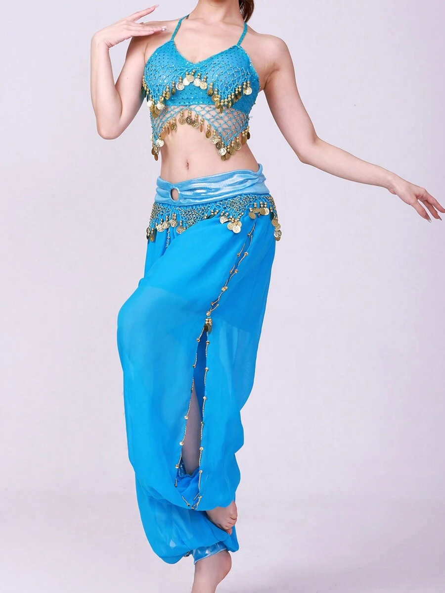 Adult Shiny Sequin Belly Dance Costume, Women's Shiny Chiffon Top (With Built-In Padding, Non-Removable) And Pants Set, Women's Oriental Belly Dance Arabian Princess Costume Set - Multicolor - View 1