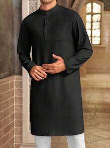 Runcati Men's Casual Cotton Kaftan Robe Button Down Long Sleeve Henley Thobe Side Split Gown - 黑色 - 查看 3