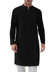 Runcati Men's Casual Cotton Kaftan Robe Button Down Long Sleeve Henley Thobe Side Split Gown - 黑色 - 查看 2