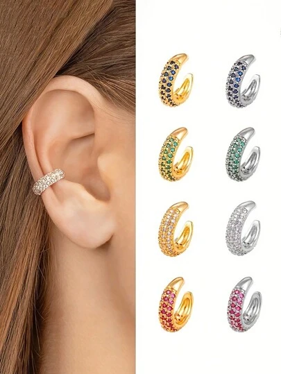 1 件女士优雅 C 形耳环袖口，时尚奢华风格，镶嵌彩色锆石 18K 镀金珠宝夹式耳环
