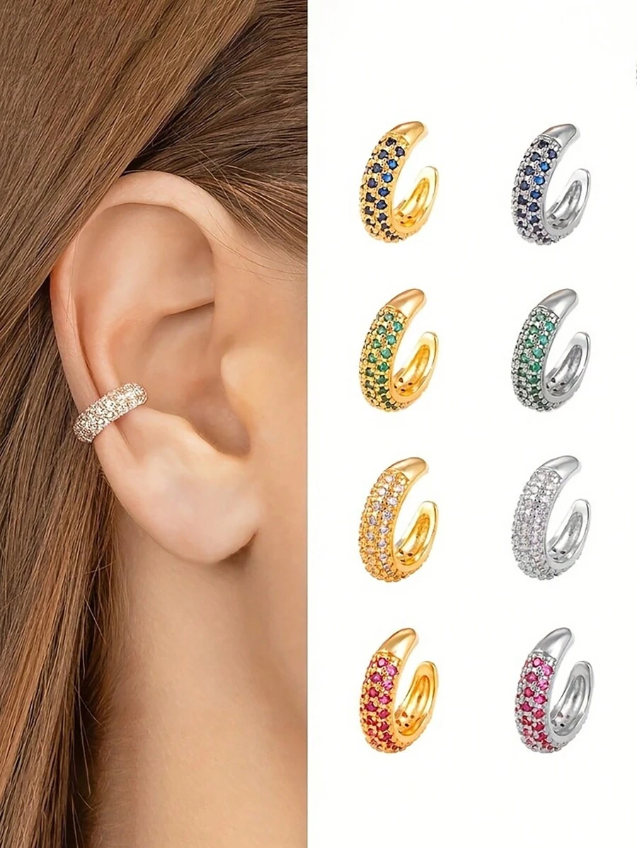 1 chiếc khuyên tai hình chữ C thanh lịch dành cho nữ, phong cách sang trọng thời trang với đá Zirconia nhiều màu sắc khảm trang sức mạ vàng 18K kẹp trên khuyên tai - Kẹp tai hình chữ C nhiều màu sắc - Xem 1
