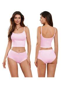 Women's 2 Piece Lounge Set Sleeveless Cami Tops Solid Color Shorts Sleepwear Sets - Pink - View 4