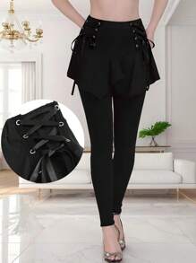 Plus Size Women's Asymmetrical Hem Black Skirt With Waist Drawstring, Suitable For Pairing With Leggings And Pants, Mother's Day Gift