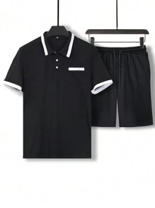 男士拼色短袖 Polo 衫和短裤套装，简约时尚，适合夏季