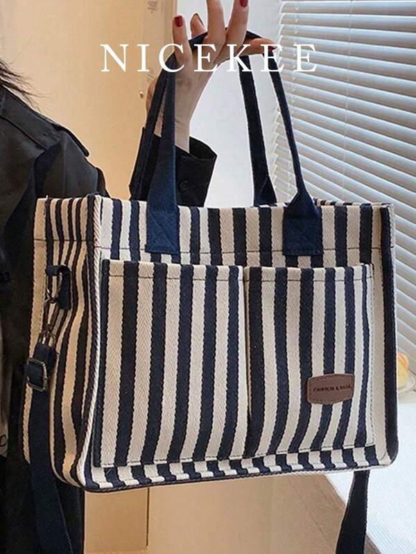 Versatile Vertical Stripes Hobo Shoulder Bag For Women Purse And Handbag, Large Capacity Multi-Pocket Canvas Shoulder Commuter Bag Handbags, Lightweight Casual Tote Shoulder Messenger Bag