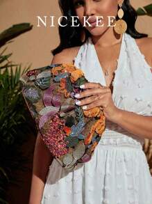 奢华晚宴包，魅力派对包，优雅精致，低调奢华，镶钻休闲鞑靼风格手提包，女士花卉包，适合女孩派对、新娘派对、婚礼、音乐会晚会等场合，完美搭配节日派对礼服、晚礼服和亮片连衣裙，优雅女士手拿包，舞会配饰的完美搭配，精致花卉包，新娘送礼的最佳优雅之选，闪亮亮片女士包，时尚女士手拿包 - 彩色 - 查看 1