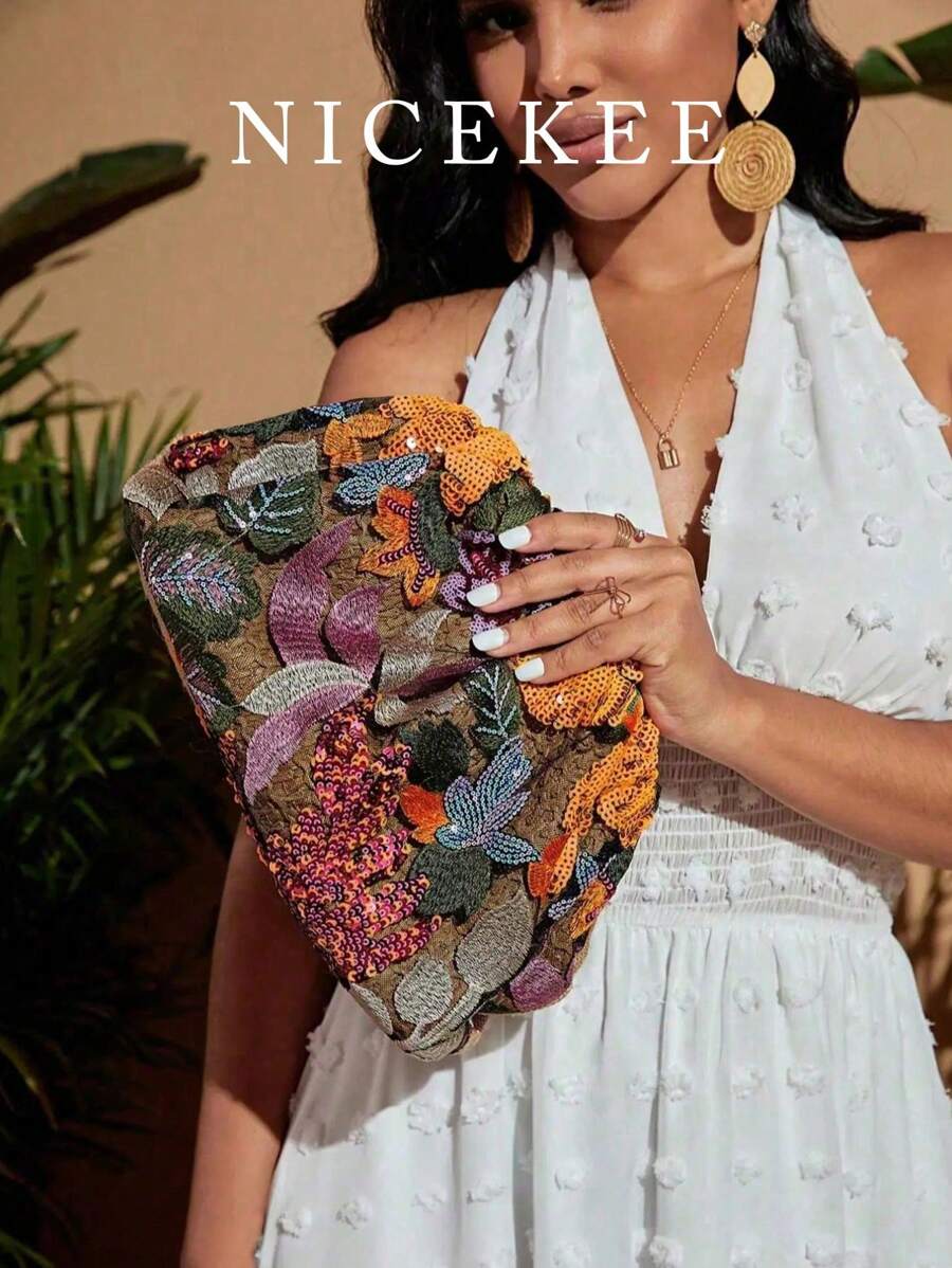 奢华晚宴包，魅力派对包，优雅精致，低调奢华，镶钻休闲鞑靼风格手提包，女士花卉包，适合女孩派对、新娘派对、婚礼、音乐会晚会等场合，完美搭配节日派对礼服、晚礼服和亮片连衣裙，优雅女士手拿包，舞会配饰的完美搭配，精致花卉包，新娘送礼的最佳优雅之选，闪亮亮片女士包，时尚女士手拿包 - 彩色 - 查看 1