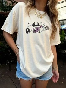 1pc Casual Sunglasses & Cat Playing Guitar Print Round Neck Short Sleeve T-Shirt, Comfortable & Fashionable Children/Girls Summer Student Outfit