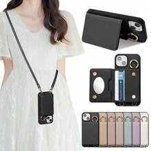 1 pieza Funda de protección tipo planificador, Funda protectora de hombro cruzado para teléfono inteligente de moda, con soporte lateral ajustable, espejo de maquillaje, correa para el cuello, ranuras para tarjetas y monedero