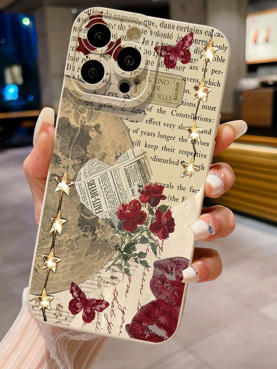 1pc Red Flower Letter Protective Phone Case Compatible With IPhone/Compatible With Galaxy/Compatible With Infinix/Compatible With Redmi/Compatible With OPPO/Compatible With VIVO//Compatible With Realme - Beige - View 1