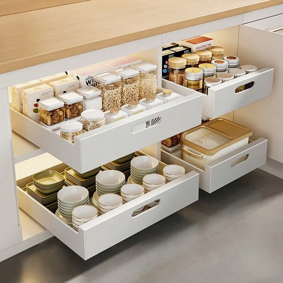 Pull Out Cabinet Organizer Heavy Duty Slide Out Drawers Attached With Adhesive Film, Slide Out Cabinet Organizer Drawer Storage For Kitchen, Pantry, Bathroom - 白色 - 查看 1