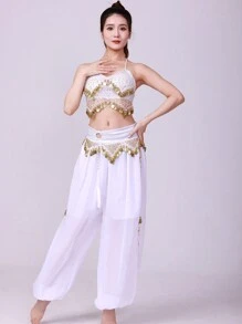 Adult Shiny Sequin Belly Dance Costume, Women's Shiny Chiffon Top (With Built-In Padding, Non-Removable) And Pants Set, Women's Oriental Belly Dance Arabian Princess Costume Set - Multicolor - View 9