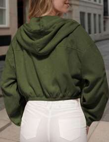 hoteel Women's Corduroy Hooded Bomber Jacket - Army Green - View 3