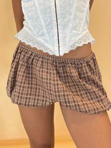Womens Plaid Shorts Elastic Waist Bloomer Shorts Casual Short Pants Summer Streetwear - Khaki - View 2