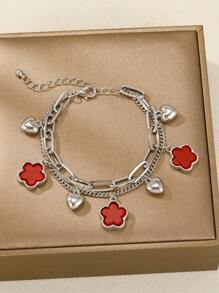 1pc Double Layer Four-Leaf Clover Heart Charm Bracelet