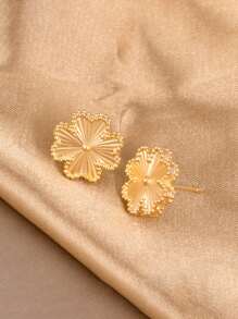 1 对时尚心形和四叶草设计耳钉女士 - 金色 - 查看 1