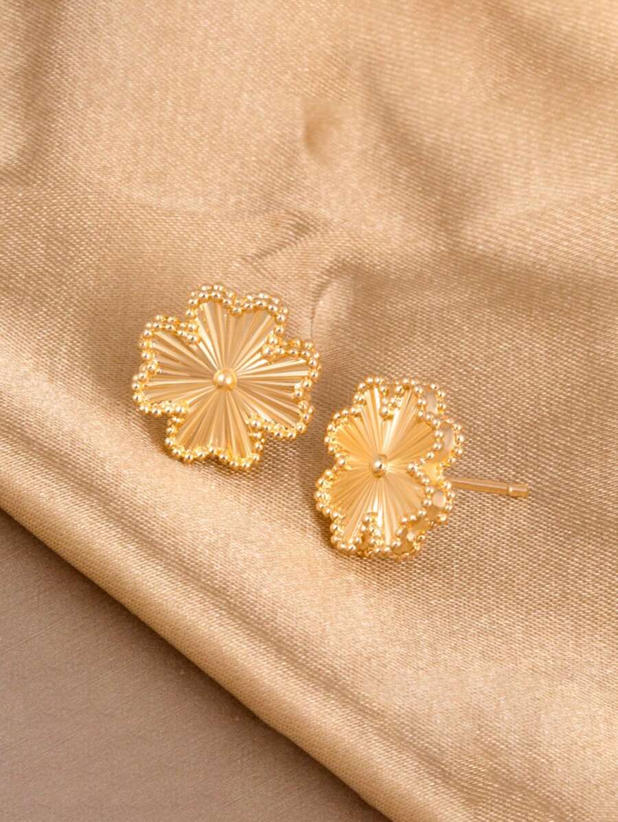 1 对时尚心形和四叶草设计耳钉女士 - 金色 - 查看 1