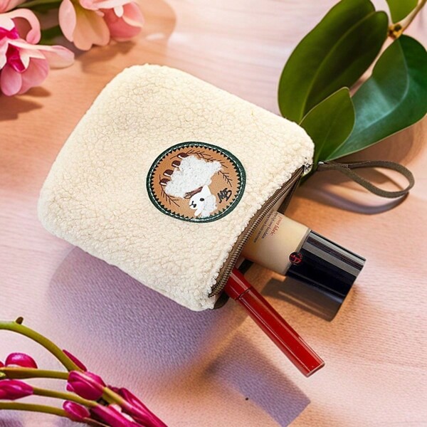 Faux Wool Small Sheep Storage Bag | Fluffy Milky White Faux Fur Drawstring Cosmetic Pouch, Palm-Sized Portable Bag | Printed Sheep + Brown Handle | Furry Korean Style Small Pouch