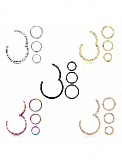4 件防过敏不锈钢身体穿刺环（鼻、耳、唇、鼻中隔） - 6/8/10/12 毫米无缝 16G（1.2 毫米）铰链鼻环/眉环，银色、黑色、金色、玫瑰金、彩虹色身体首饰（多套）