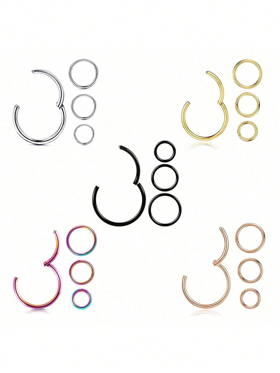 4 件防过敏不锈钢身体穿刺环（鼻、耳、唇、鼻中隔） - 6/8/10/12 毫米无缝 16G（1.2 毫米）铰链鼻环/眉环，银色、黑色、金色、玫瑰金、彩虹色身体首饰（多套） - 管徑1.2mm內徑6/8/10/12mm - 查看 1