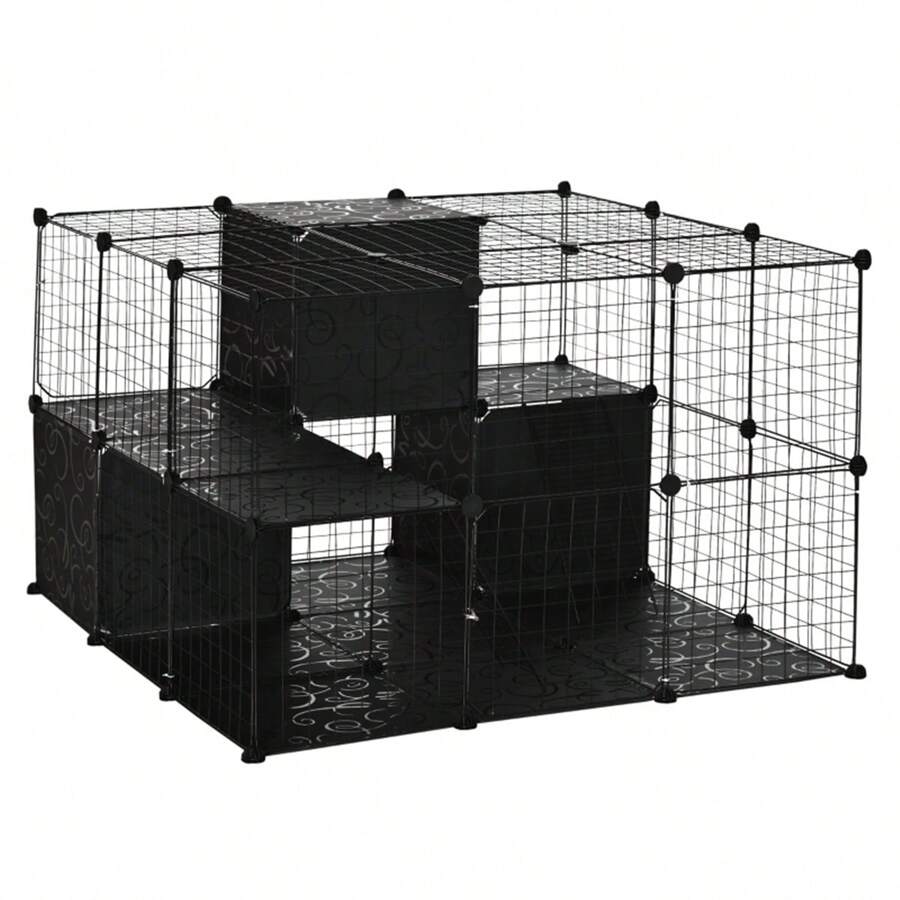 Modular Rabbit Cage With Non-Slip Mats And Secure Locking Doors - Black ...