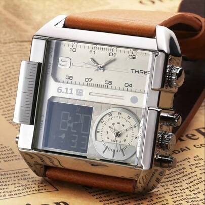 Oversized Dial Fashion Triple Movement Men's Watch, Personalized New Model Powerful Multifunctional Electronic Watch With Steel Strap, European And American Style