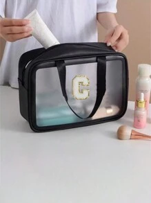 1 pièce Grand sac de toilette transparent de voyage à grande capacité, sac de maquillage portatif dépoli et imperméable, sac de lavage multifonctionnel avec 26 lettres à bord doré pour une combinaison libre, indispensable pour croisière, plage, vacances, salle de bain, camp d'été, décoration de salle de bain, organisateur de maquillage, accessoires de salle de bain, rentrée scolaire