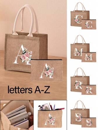 Słonecznik Daisy Letter Printed Linen Tote Bag, z kosmetyczkiem, torba na zakupy torebka damska modna torba jutowa na zakupy, przenośna torba dla nauczyciela, różnorodna torba do przechowywania, torba do przechowywania