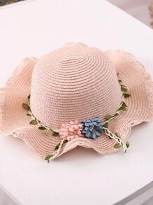 1set Flower Decor Kids Sun Hat + Shoulder Bag Set, Adjustable Sun Protection Hat With Cute Small Pouch, Suitable For Daily Use