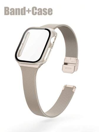 1 Set Fashion Magnetic Stainless Steel Milanese Loop Band & Case Film Combo With Double Row Diamonds Protective Cover Compatible With Apple Watch 38mm 40mm 41mm 45mm 44mm 42mm 46mm 49mm, Compatible With Apple Watch Ultra Series Ultra 9 8 7 6 5 4 3 2 1 SE Series 10, Comfortable Breathable Wristbands Replacement Straps, Scratch-Resistant Waterproof Shockproof Watch Protective Case For Women And Men