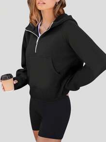 SUPEKYKO [Spring/Summer] Women's Half-Zip Fleece Hooded Sweatshirts, Oversized Pullover Tops, Fall/Spring Outfits 2025, Simple Basic Style Sweatshirt - Black - View 2