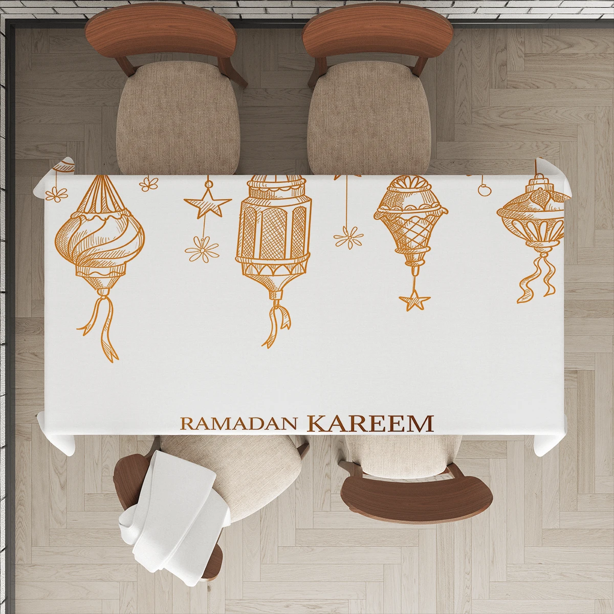 Ramadan Series Decorative Tablecloth, Light-Colored Base With Ramadan Holiday Lantern, Moon, Star Pattern, Festive Blessing Text, Ramadan/Eid Al-Fitr, Ramadan Kareem, Ramadan Mubarak, Heat-Insulated, Western Dining Tableware - Multicolor - View 1